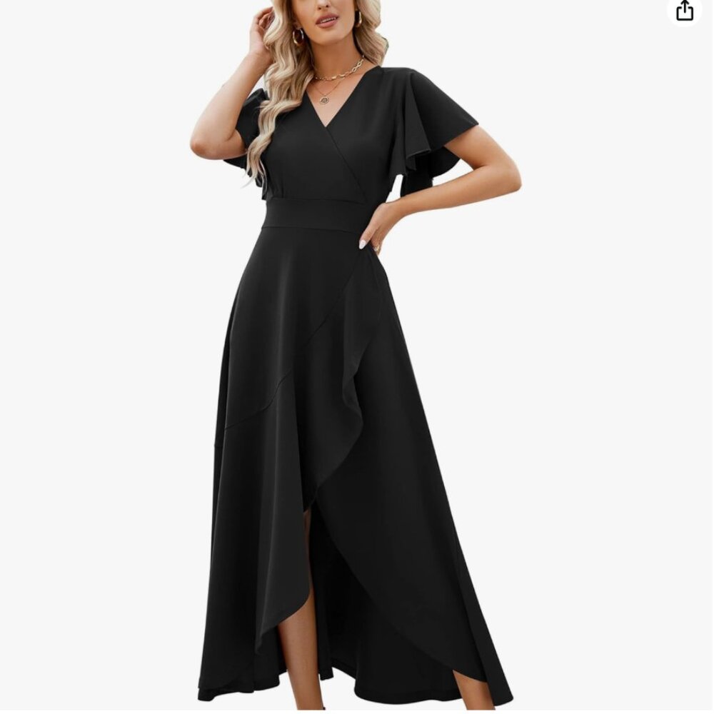 ZZV Split Elegant V Neck Wrap Ruffle Wedding Guest Dress (Black, L)